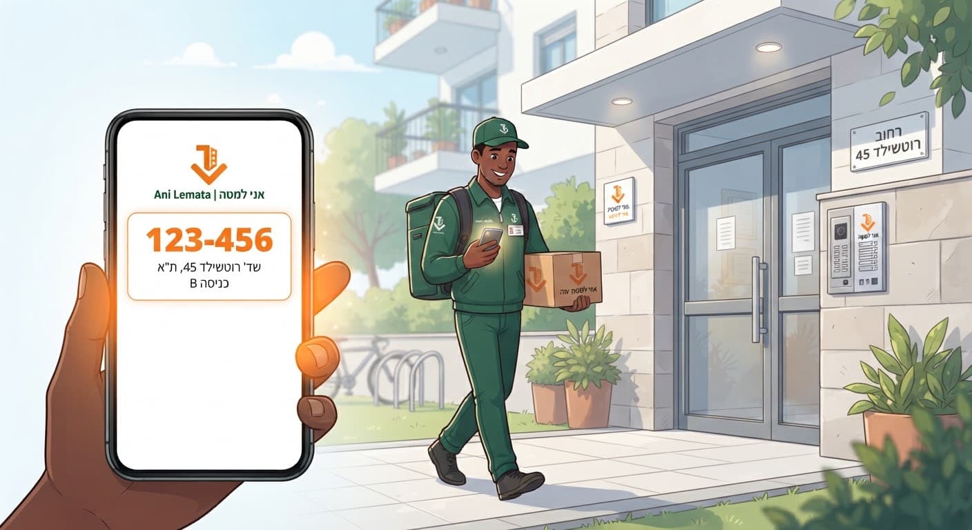 Courier arriving at a building entrance guided by a phone showing a secure entry code